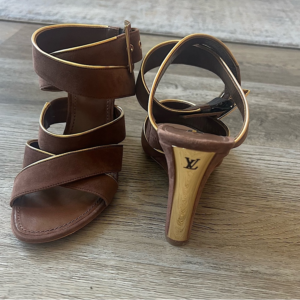 Louis Vuitton suede wrap strappy wedges
